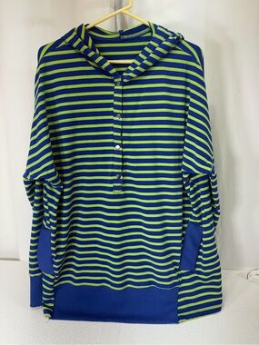 Striped Hooded Pullover Sweatshirt in Blue & Lime Green 3519
